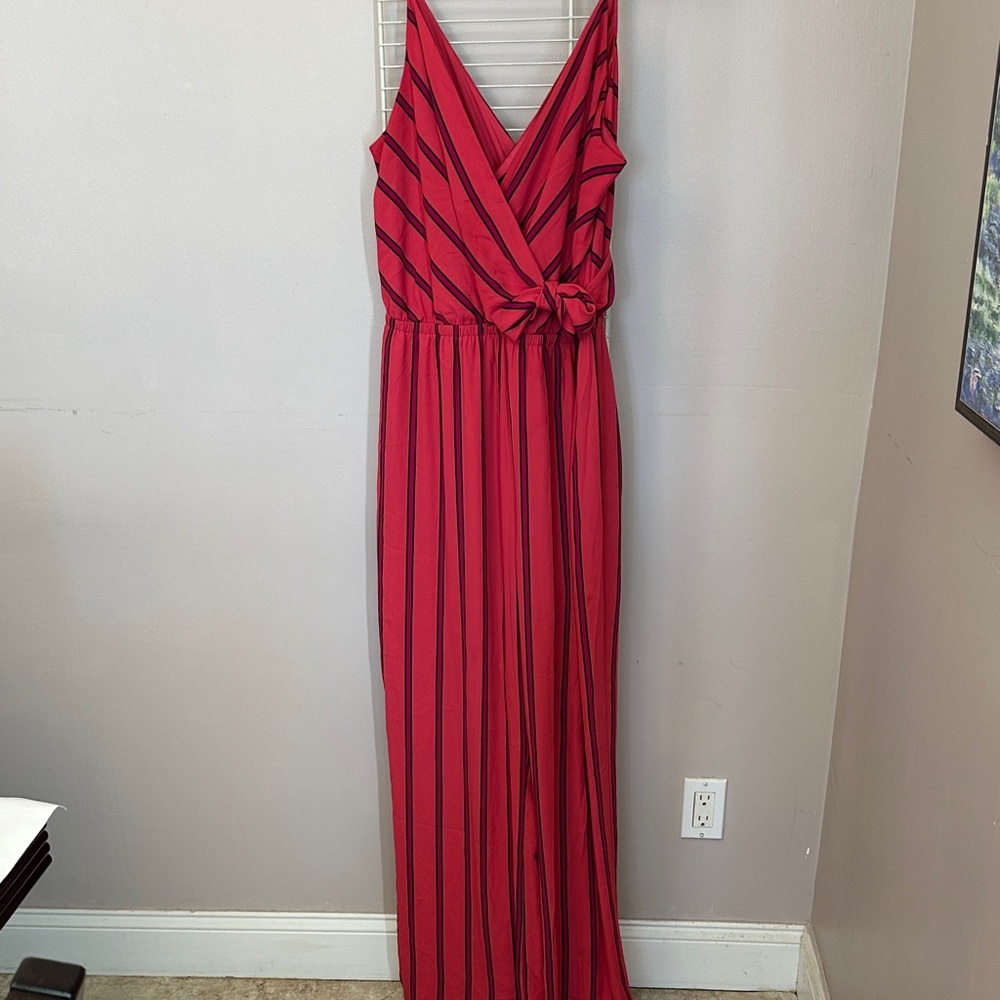 Express Red and Black Striped Wrap Jumpsuit
